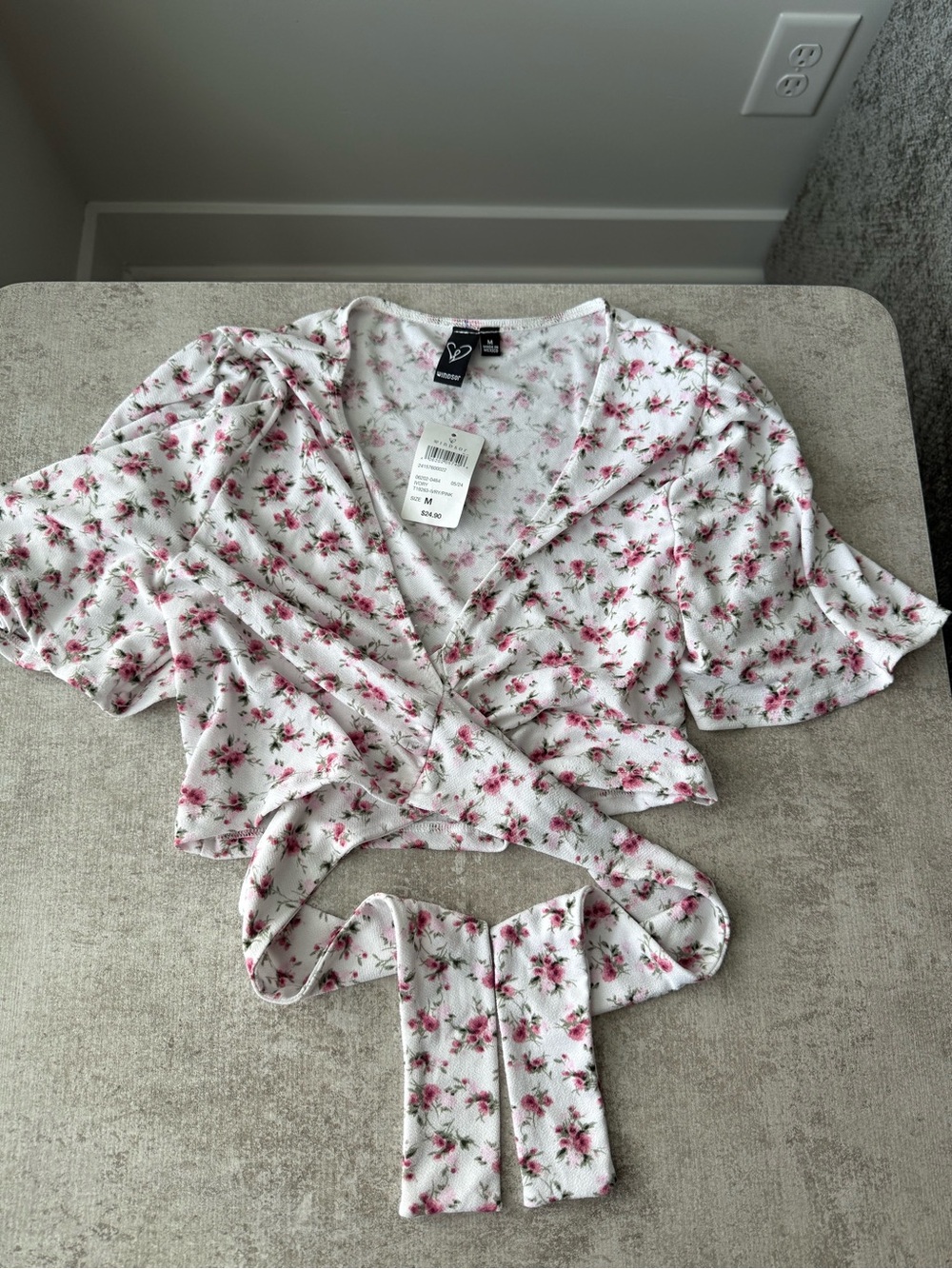 Windsor White Floral Wrap Crop Top with Pink Roses